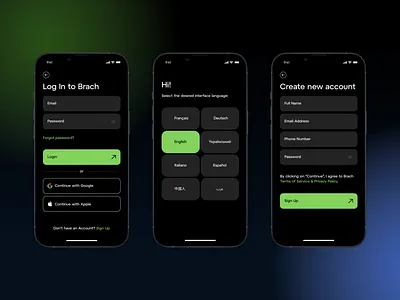 Brach - Log In & Create Account android app booking create account exploration holiday hotel intro ios log in login logout real estate register rental reseervation sign in sign up ui ux