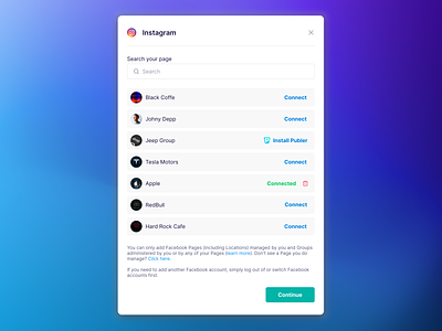 😎 Add Instagram accounts to manage at Publer account connect continue disconnect instagram install managing media modal social
