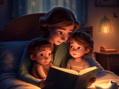 A Bedtime Symphony of Love and Connection between a mom and kids animation bedtime branding cartoon cartoon art cartoon portrait cartoonist connection design happy family illustration imagination kids logo love mother mother and two kids sleep story ui