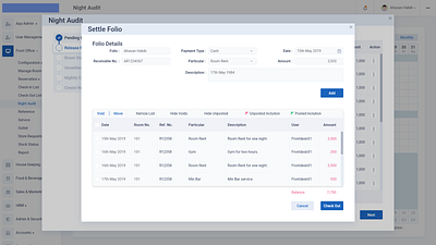 Hotel Night Audit Folio Settlement design hms hotel management system saas ui ux web application