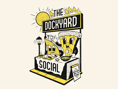 The Dockyard Social Tee cartoon cartoon character character design food illustration pizza retro street food taco vintage