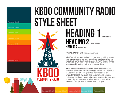 KBOO COMMUNITY RADIO STYLE GUIDE branding colors design graphic design icons identity illustration logo style sheet typography vector