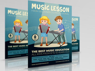 Kids Music Lesson Flyer Template child design flyer food fun holiday illustration kids leaflet lesson music party poster school training