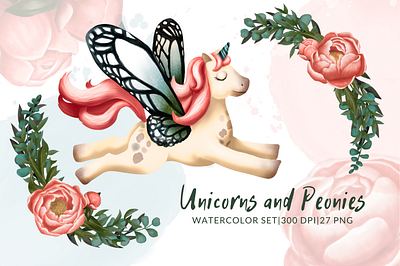 Unicorns and peonies design illustration