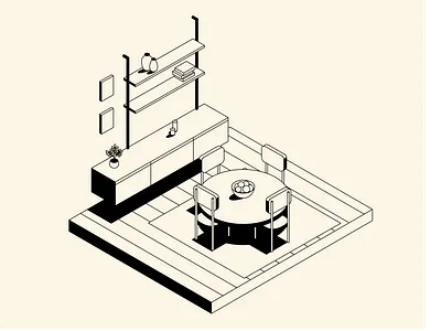 Dining room design high contrast illustration isometric minimal