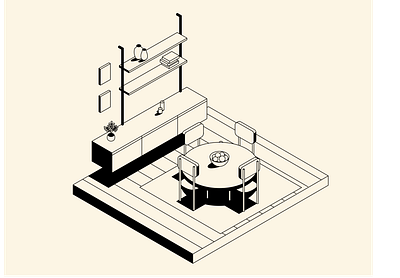 Dining room design high contrast illustration isometric minimal