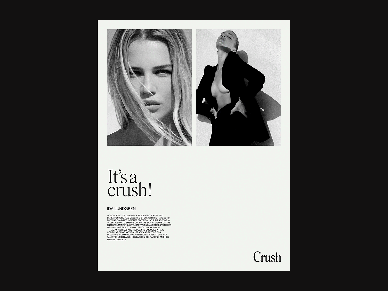 Brand collaterals for Crush agency black and white brand identity branding editorial elegant fashion graphic design identity layout serif font