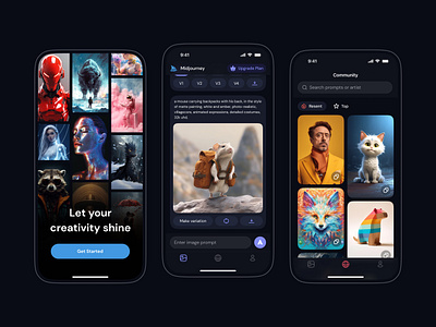 Image AI Generator App. Midjourney concept ai app art artificial intelligence branding concept dark design future generate generator images iphone midjourney minimal mobile prompt smart ui ux