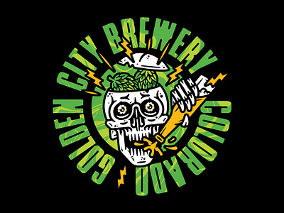 Golden City Brewery badge beer bottle brewery craft beer design hops illustration lightening merch psychedelic skull vector