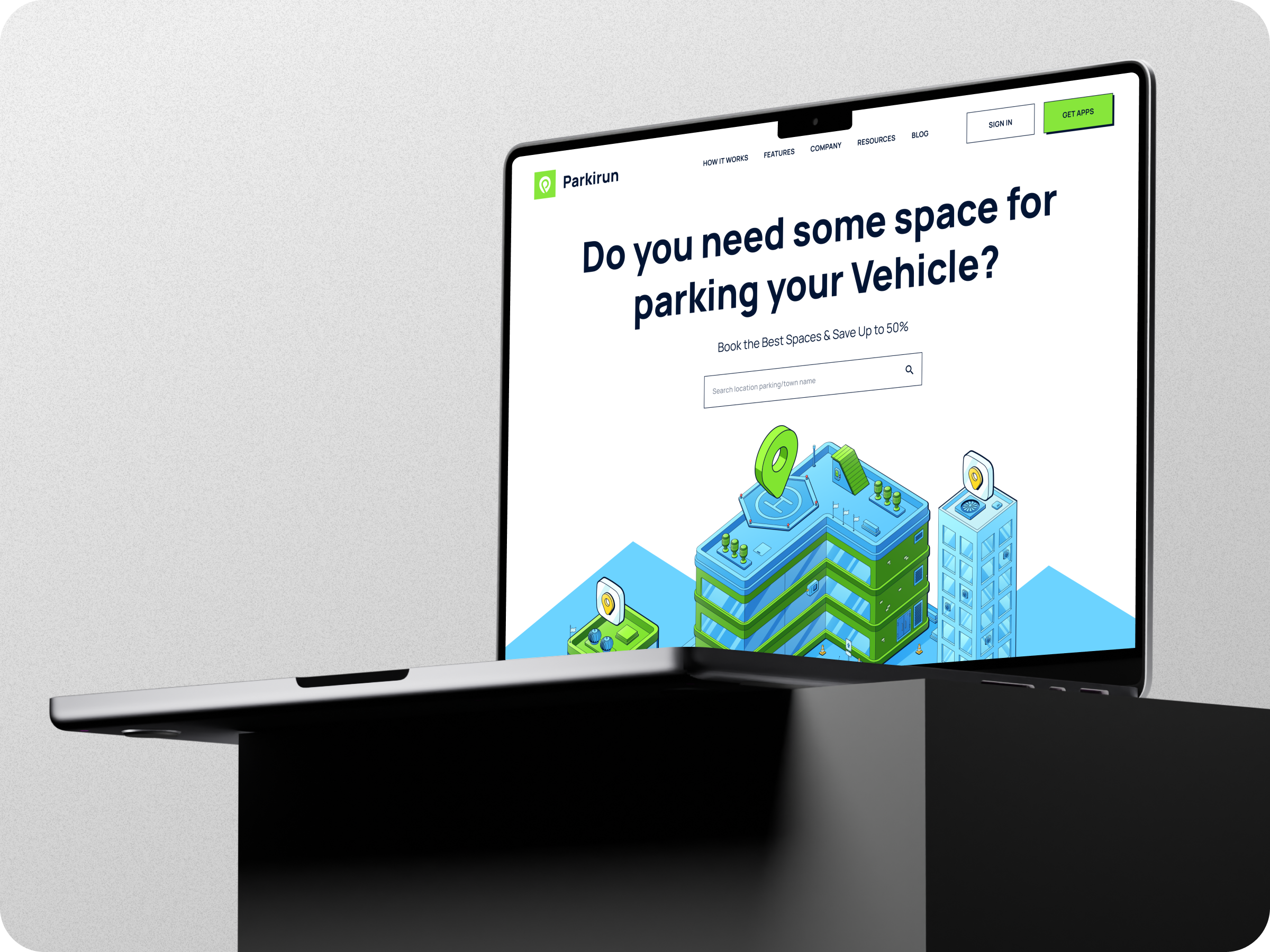 Parkirun - Parking App Landing Page black blue bold book parking figma green isometric landing page minimalist on demand parking parking app parking area parking platform parking web uidesign uxdesign vehicle website platform parking