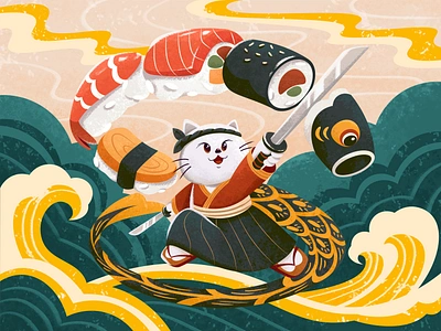 Samurai Sushi-Illustration cat cuisine culinary design fish food food illustration foodie illustration meal order packaging product design product illustration restaurant salmon sushi sushi box sushi illusration