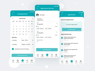 Get Appointment add time appointment appointment app appointment overview blue booking app calendar view color creative color get appointment greenish message schedule time set ui upcoming appointment ux