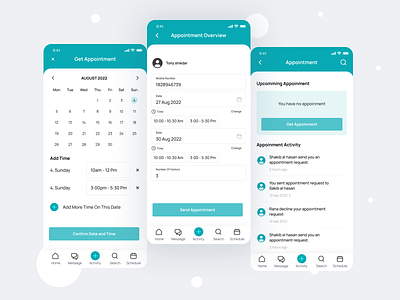 Get Appointment add time appointment appointment app appointment overview blue booking app calendar view color creative color get appointment greenish message schedule time set ui upcoming appointment ux