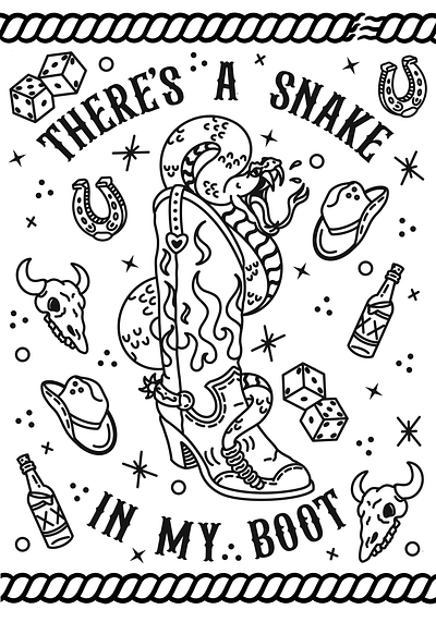 There's A Snake In My Boot (Colouring Page) colouring in cowboy cowboy boots desert dice horseshoe snake western