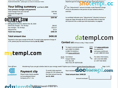 USA Con Edison electricity utility bill template in Word and PDF by ...