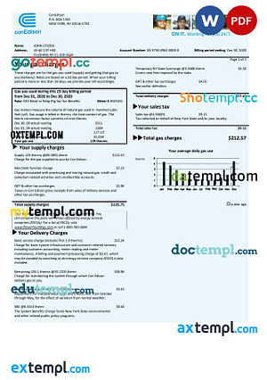 USA Con Edison gas utility bill template in Word and PDF format by ...