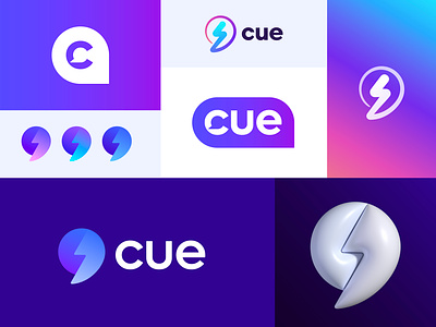 Cue logo concepts bolt branding chat chat bubble cue customer fast futuristic gradient icon lighting logo messenger modern negative space smart speed talk web3 whatsapp