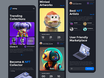 NFT Marketplace App🐵🎨 3d characters app app design application artwork bid blockchain crypto currency dark design ethereum marketplace mobile nft nft app not marketplace token ui ux