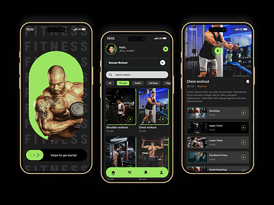 Fitness & Workout App appdesign dark mode dark ui design excercise fitness graphicsdesign gym ios iphone 14 pro mobileappui mobiledesign novuslogics ui workout