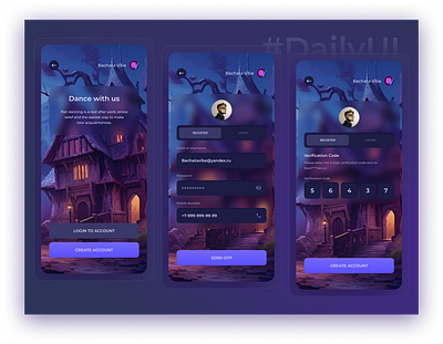 Bachata Vibe Mobile App Create Account account app bachata vibe dailyui dark theme design login registration form sign up ui