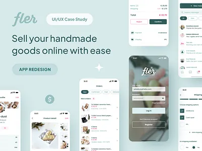 Fler - Online handmade marketplace - Case study app design app for sellers app redesign case study chat etsy fler handmade handmade goods list view login screen management app market place mobile app online shop product design product detail profile ui design ux design