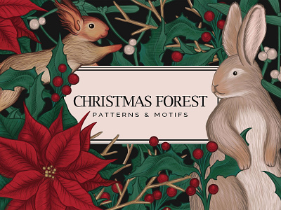 CHRISTMAS FOREST - patterns & motifs abbit animals branding christmas design drawing floral flowers forest graphic design hand drawn hare illustration pattern pattern design plants seamless pattern set squirrel winter