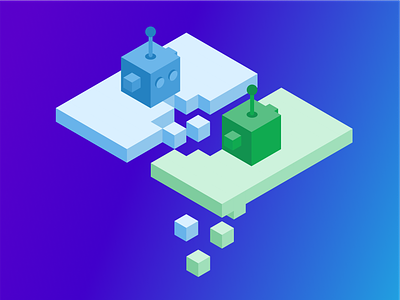 AI Match ai artificial intelligence blue cube fight green illustration isometric platform robot versus