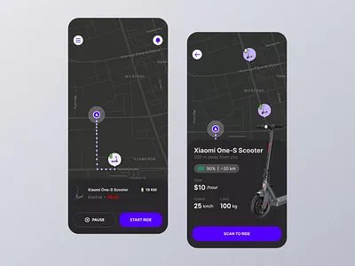 Electric scooter rent android animation app dark map dark theme dark ui electric ios map mobile mobile app rent scooter uber ui ui designer uiux ux ux designer uxui