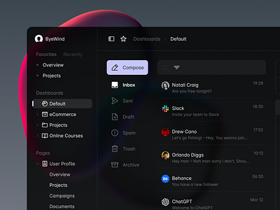 Mail page in dark mode dashboard ui kit