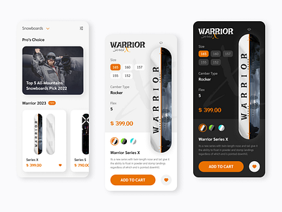 Snowboard equipment Shop App app apps burton dark dark theme light mobile product shop ski snow snowboard ui warrior winter