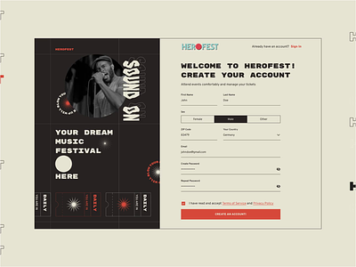 Event Website - Sign Up Page UI/UX Design black style booking events brutal style clean create account form creative design event tickets events site form layout grids design privacy policy rock style rude style show password terms of srvice toggle web design typography ui your sex