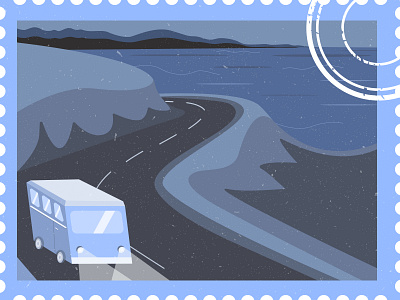 The blue van - illustration ai blue illustration landscape mountain retro road sea stamp truck van vector vintage