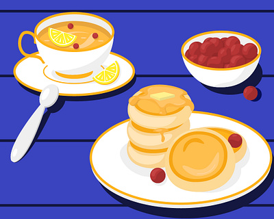 Breakfast illustration berries breakfast food illustration illustrator isometric pancakes tea vector