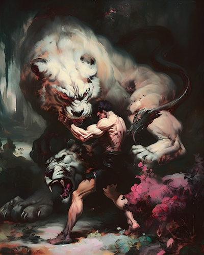 Fight beast crypto market digital art fight hercules lighting man muscles mythology painting photoshop procreate samson shadows stories storytelling survival