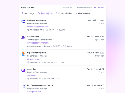 Feed card V2 - Previous Jobs apollo candidate profile career crm hiring history history job history job listing job profile jobs list limited experience linkedin jobs lusha news list outreach previous jobs sales navigator salesforce salesloft zoominfo