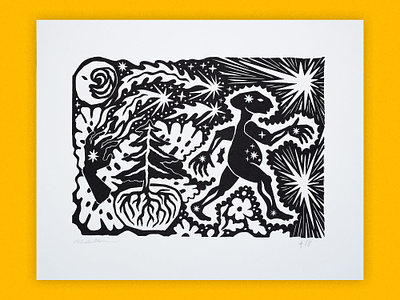 Expelled by the dark forest dark forest forest hiking illustration lino linocut linoleum magic magical nature pine pine tree print printmaking psychedelic shooting star stars wizard wizarding woodcut