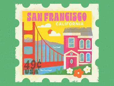 San Francisco stamp bridge california flowers golden gate bridge house mountains ocean pink ladies postage stamp retro san francisco stamp sunshine