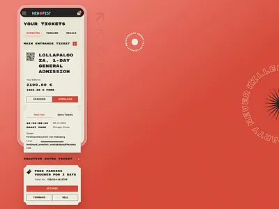 Event tickets Design - Mobile Page UI brutalism style card ticket cart mobile design entrance ticket event overview event ticket minimalistic style mobile cart interface qr code design qr code example ticket data ticket design ticket preview typography design vaucher vaucher mobile vintage design