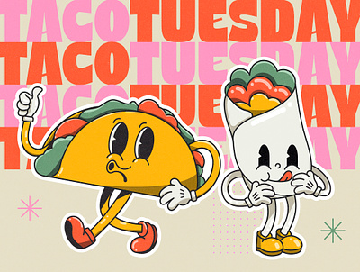Taco Tuesday 1930s 1940s cartoon character hardshell illustration retro softtaco taco tuesday vector vintage