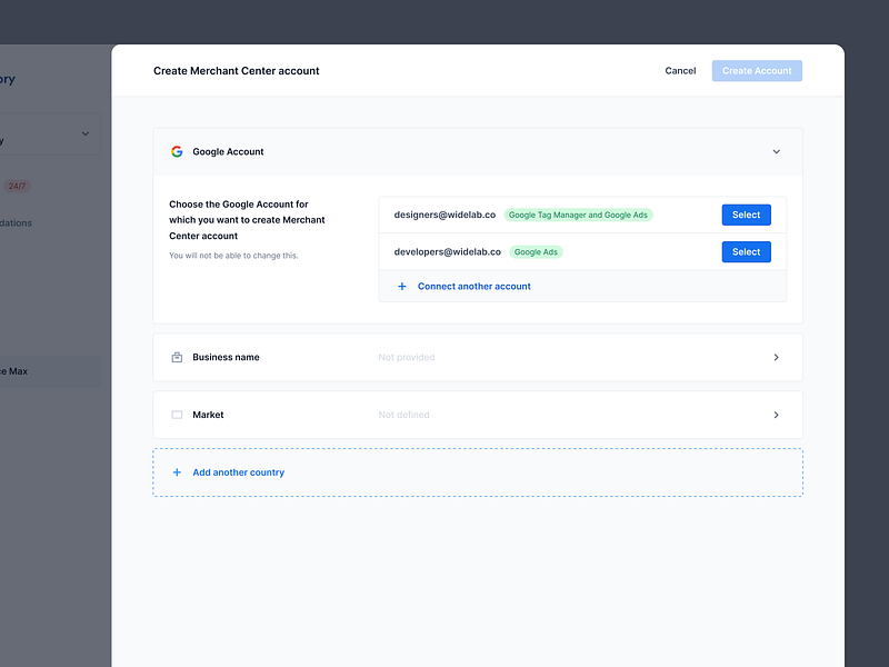 Merchant Center Account Creation ai campaign connect connection creation creator dashboard dialogue drawer flow google interface modal progress setup steps ui user interface ux web