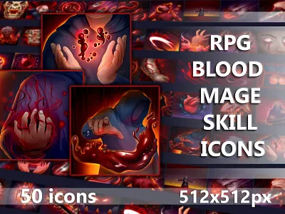 RPG Blood Mage Skill Icons 2d art asset assets blood fantasy game game assets gamedev indie indie game mage magic mmo mmorpg pack rpg set skill skills