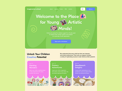 Art School for Kids | Landing Page – Daily UI Challenge #003 art challenge design desktop illustration interface kids landing needlework painting pottery school ui web