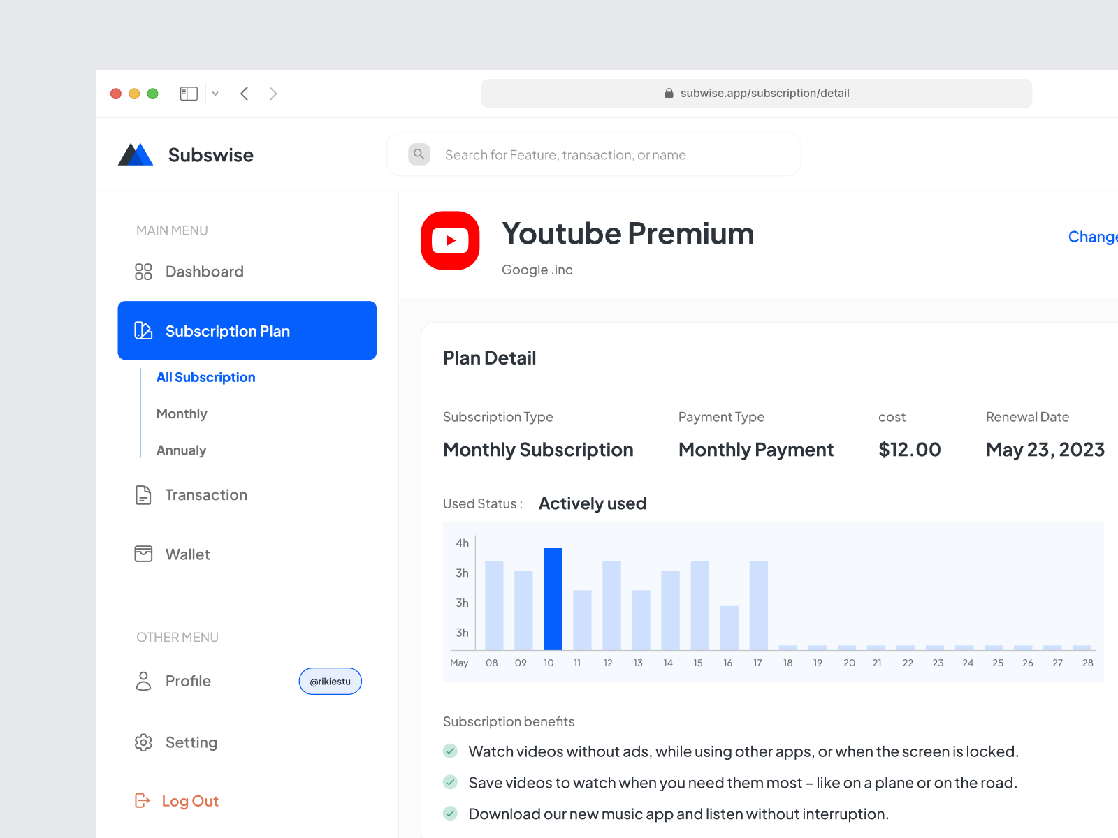 Subwise - Subscription Management App app clean component dashboard finance management payment ui user interface website