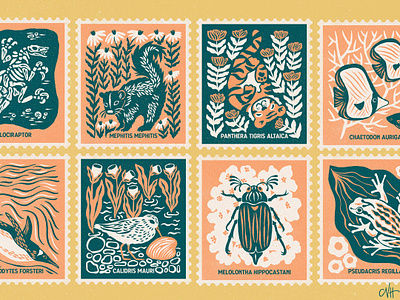 Animal Stamps design digital illustration handdrawn illustration linocut penguin print sea bird skunk stamp tiger wood block