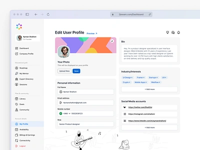 Qewam - Account Settings/Edit User Profile app arab cover dashboard design edit profile menu tags ui user profile ux website widgets