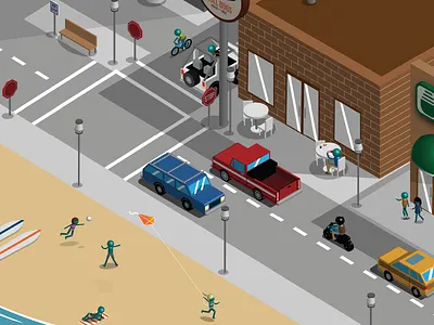 Isometric City Corner 3d beach buildings cars city coffee hotdogs illustrator isometric jeep kite motorcycle street town urban