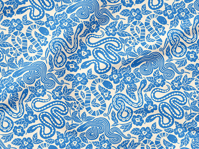 Garden Snakes Cerulean fabric flower flowers garden illustration pattern repeat pattern snake snakes textiles
