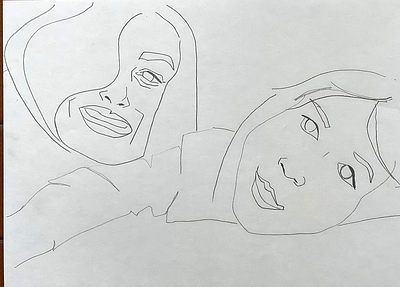 Selfie of two illustration kid line sketch mother people smile