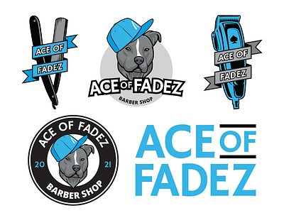 Ace Of Fadez Barber Shop - Brand Design ace american barber shop branding design dog faded fadez graphic design hair haircut icons k9 logo mechanicsburg pennsylvania pitbull puppy stickers vector