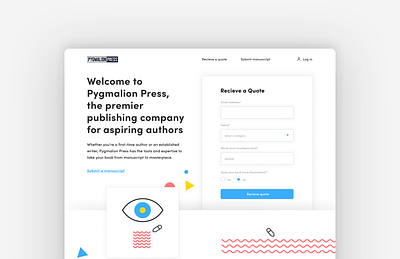 Pygmalion Press branding circle design digital design graphic design landing page manuscripts primary colors publisher square triangle typography ui ui design ux visual language website